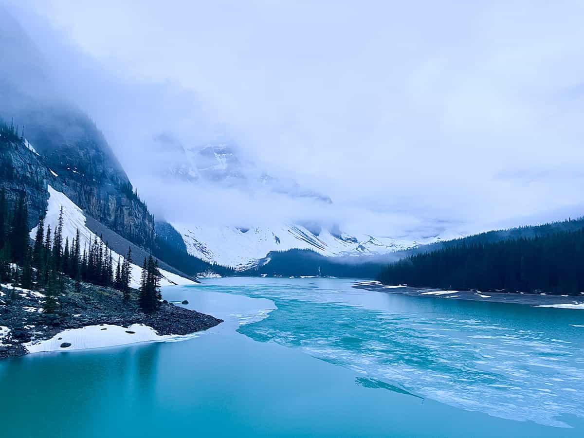 Beautiful blue Moraine Lake in the Canadian Rockies.