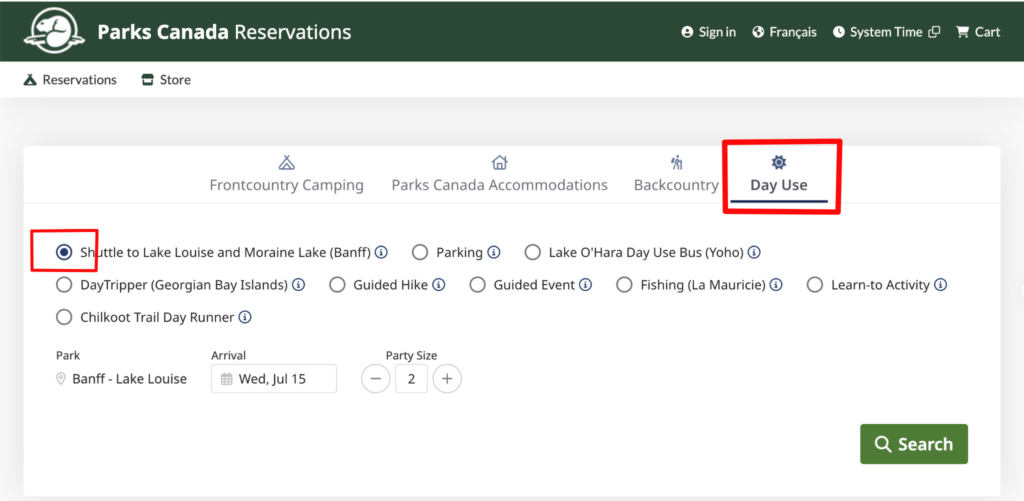 parks canada reservation page