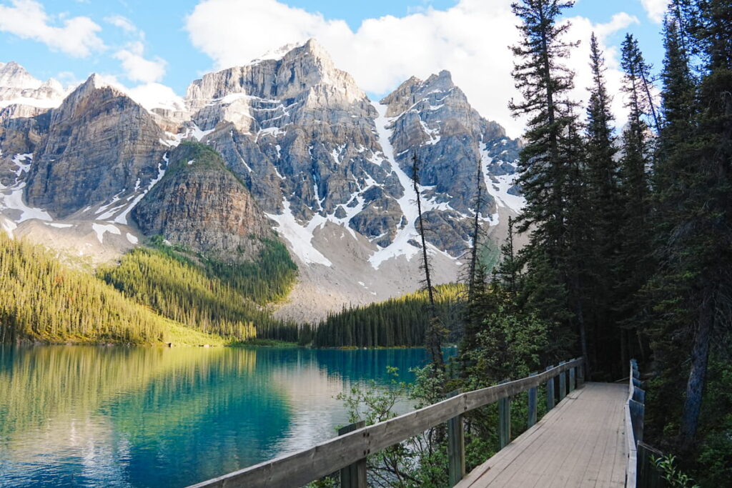 A bridge and Moraine Lake view on Lakeshore Trail