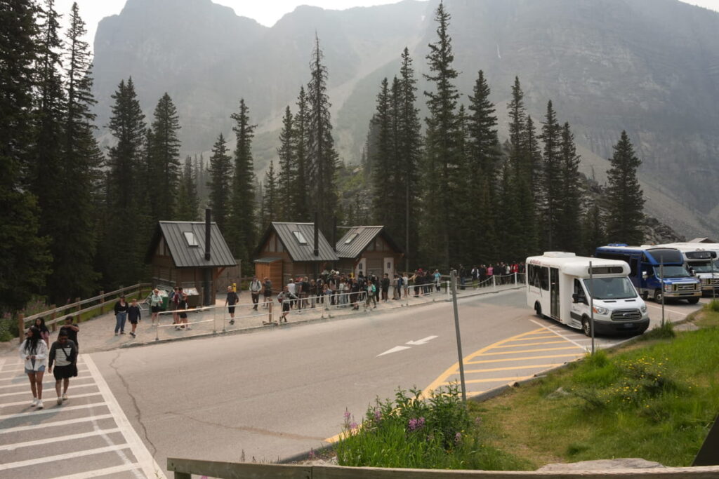 Moraine Lake Public washroom in the parking lot.